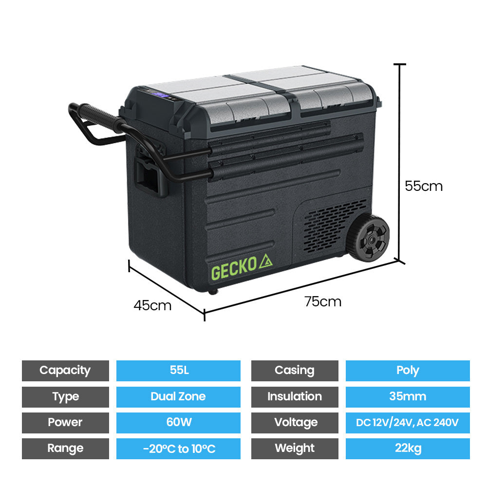 GECKO 55L Dual Zone Fridge Freezer with onboard Lithium Battery dimensions shown. 75x45x55