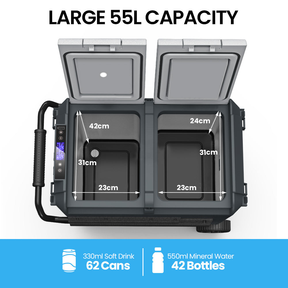 GECKO 55L Dual Zone Fridge Freezer with onboard Lithium Battery internal compartment dimensions shown. 31x23x42 & 31x23x24cm