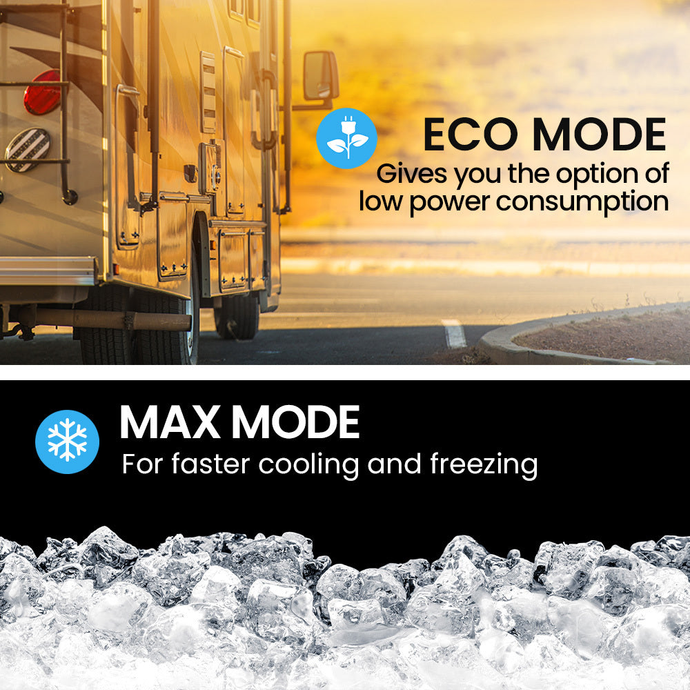 GECKO 55L Dual Zone Fridge Freezer with onboard Lithium Battery shown with its ECO and MAX mode settings