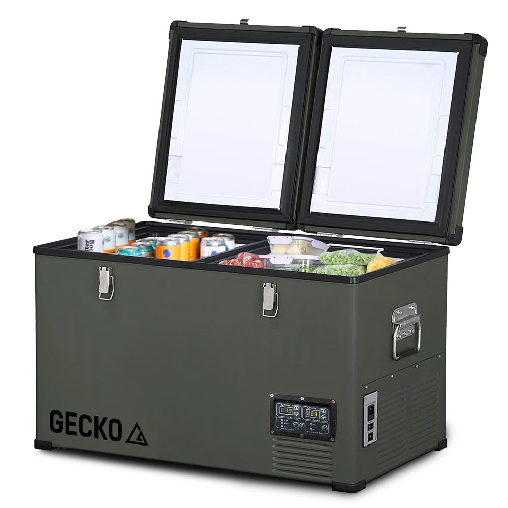 GECKO 75L Dual Zone Fridge Freezer shown full of food and drinks