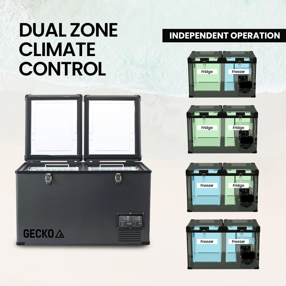 GECKO 75L Dual Zone Fridge Freezer shown in different cooling configurations. 