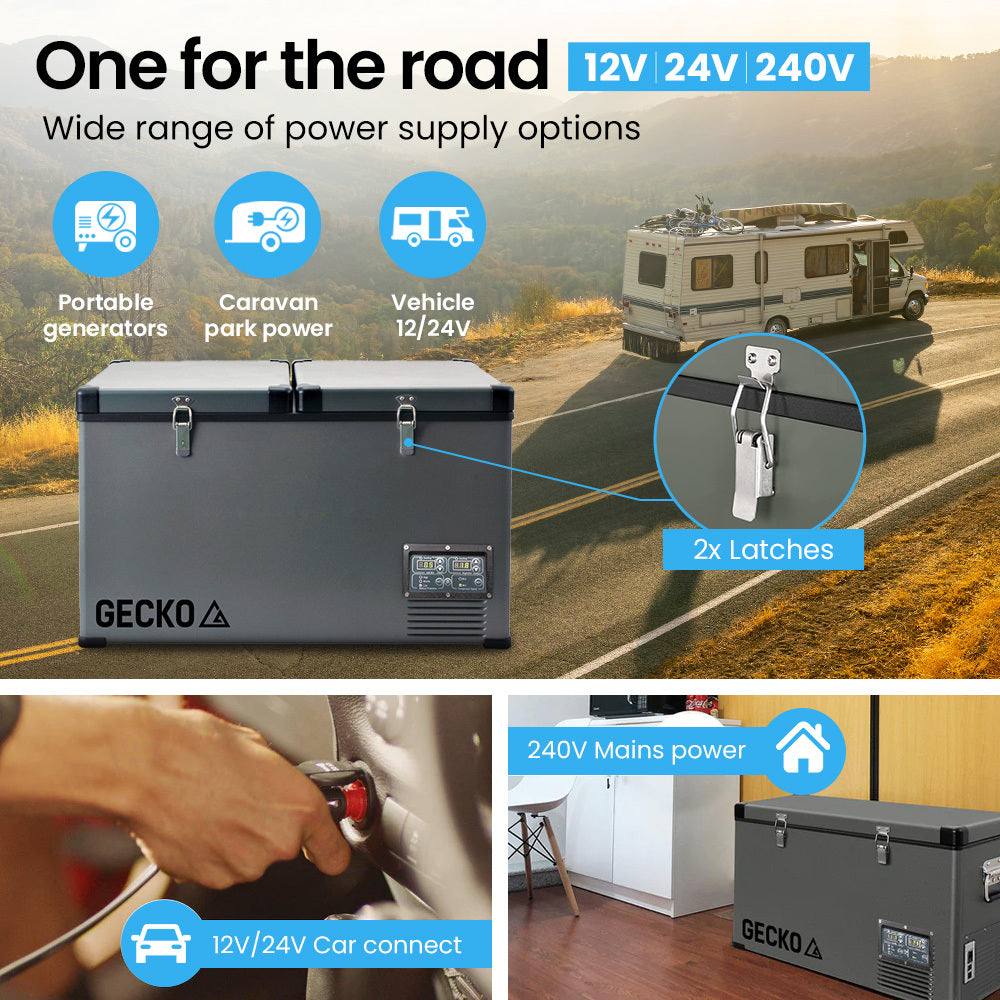 GECKO 75L Dual Zone Fridge Freezer shown in a camper van and in the home with 12v plug