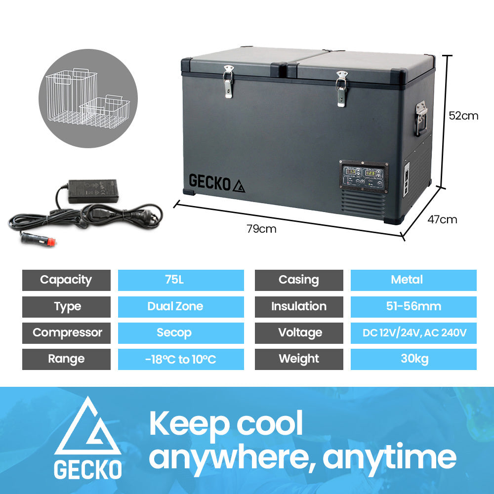 GECKO 75L Dual Zone Fridge Freezer specs shown