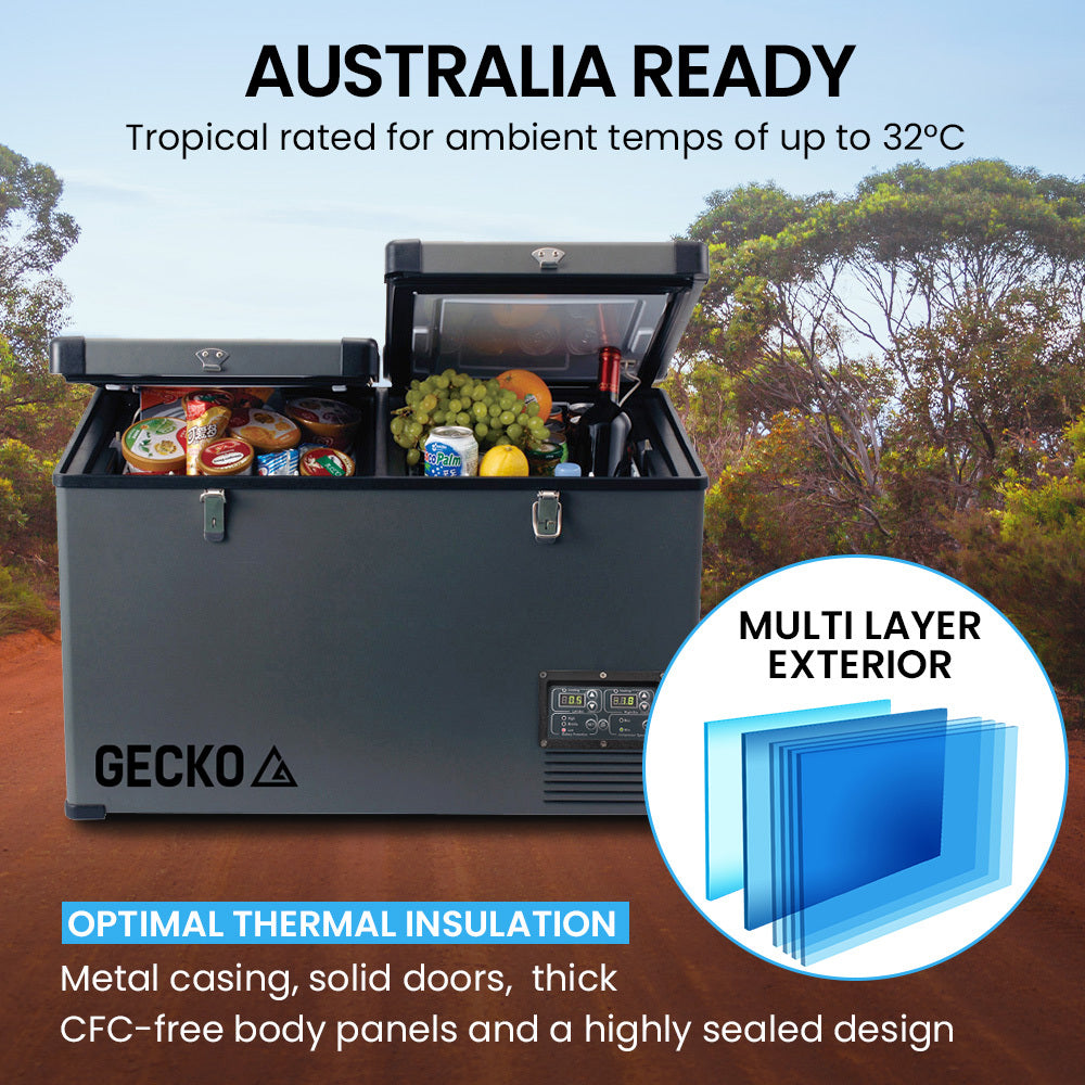 GECKO 75L Dual Zone Fridge Freezer shown stocked and temperature rated for Australia