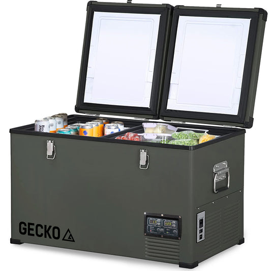 GECKO 92L Dual Zone Portable Fridge & Freezer shown open