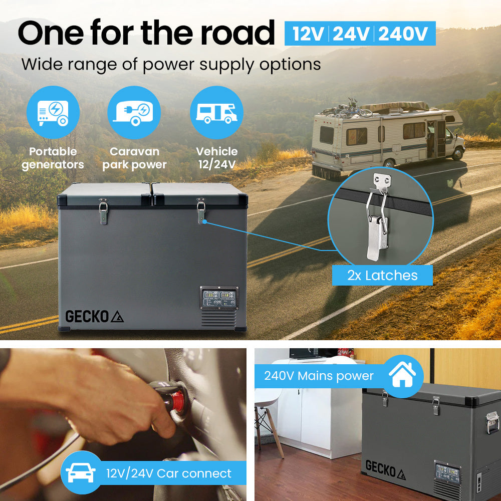 GECKO 92L Dual Zone Portable Fridge & Freezer shown in caravan, car and home applications