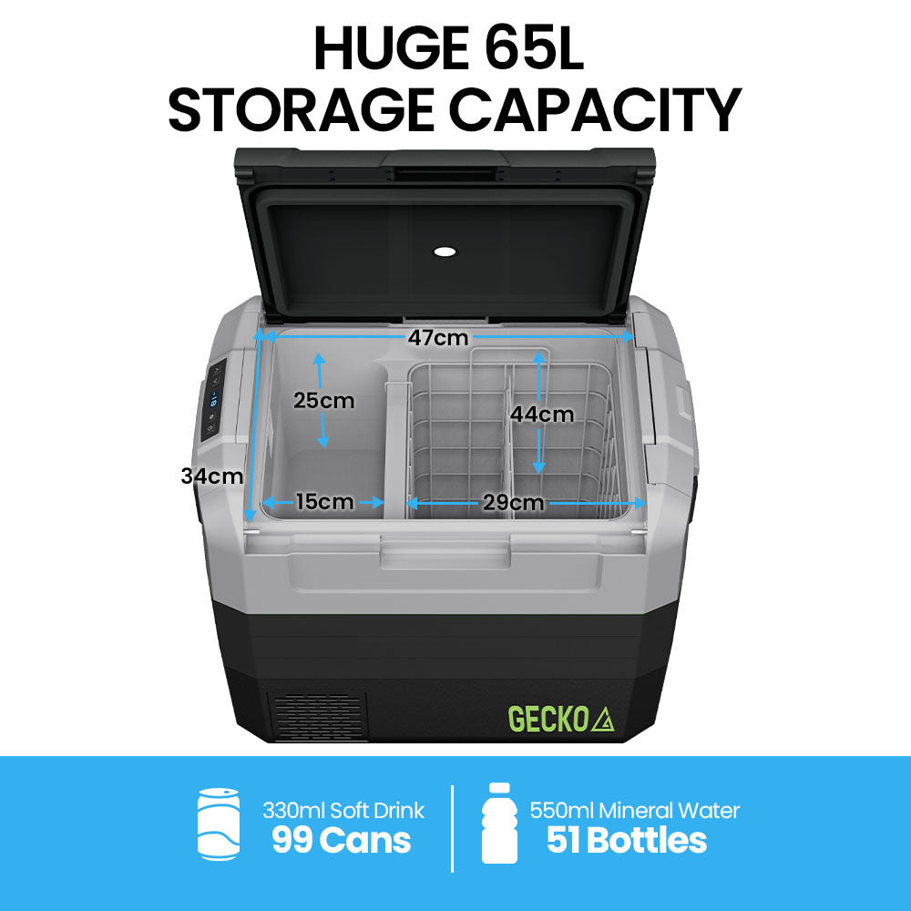 Gecko 65L Portable Dual Zone Fridge Freezer dimensions shown internally. 34x15x25cm on side and 29x34x44cm on the other.