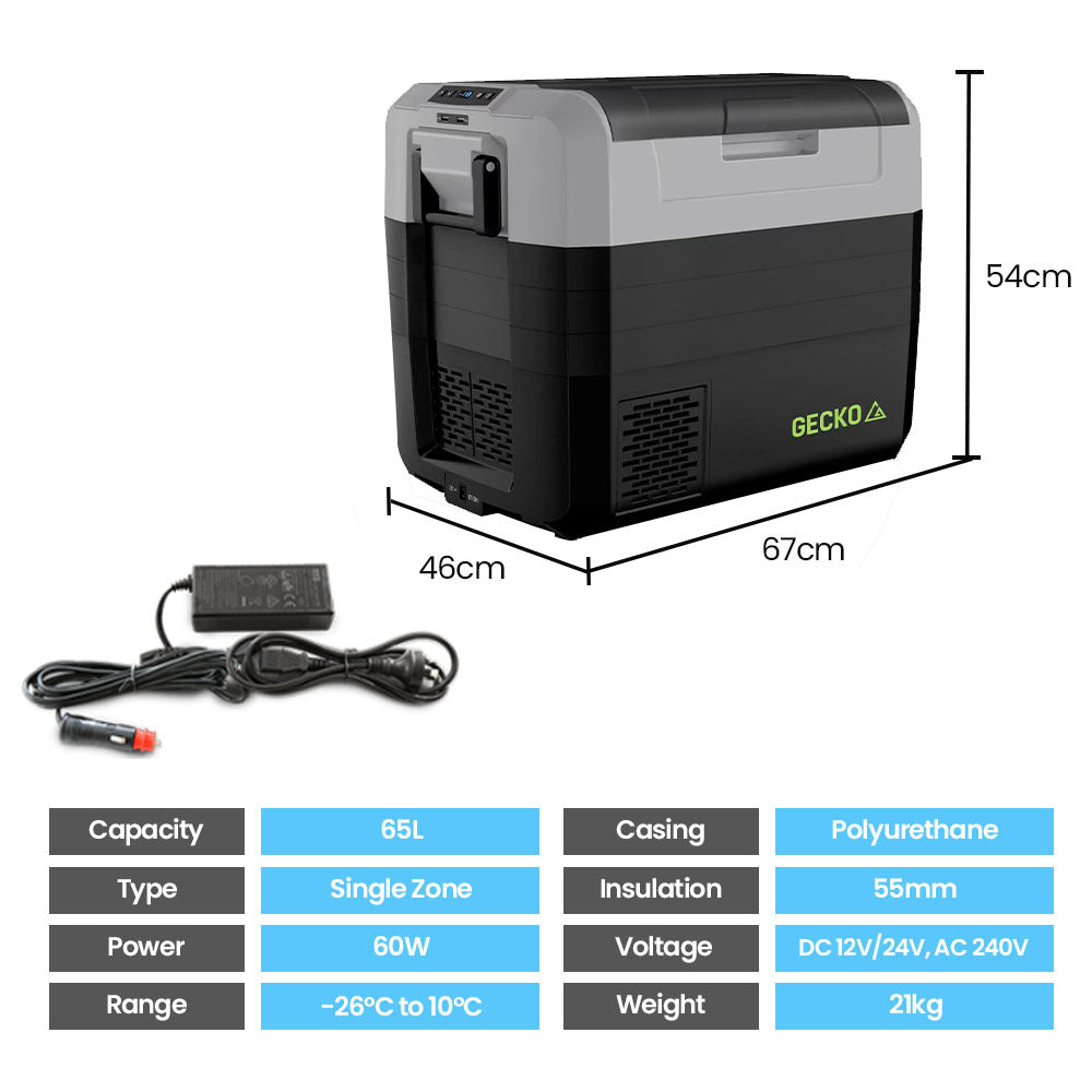 Gecko 65L Portable Dual Zone Fridge Freezer specifications shown. please refer to specification section on the page.