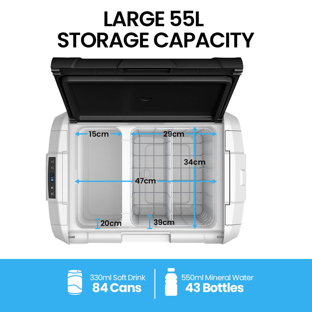 Gecko 55L Portable Fridge Freezer shown with is dimension. 39cm x 34cm x 47cm