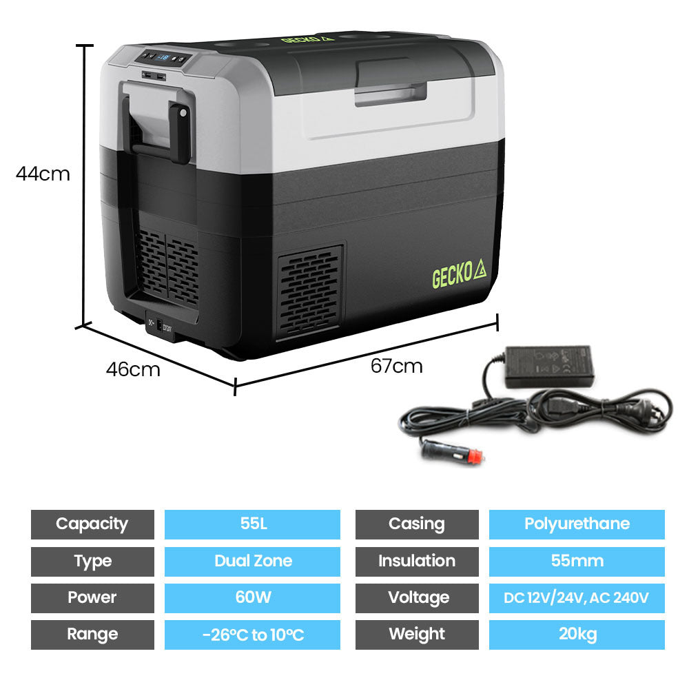 Gecko 55L Portable Fridge Freezer shown with outer dimensions and features listed.,