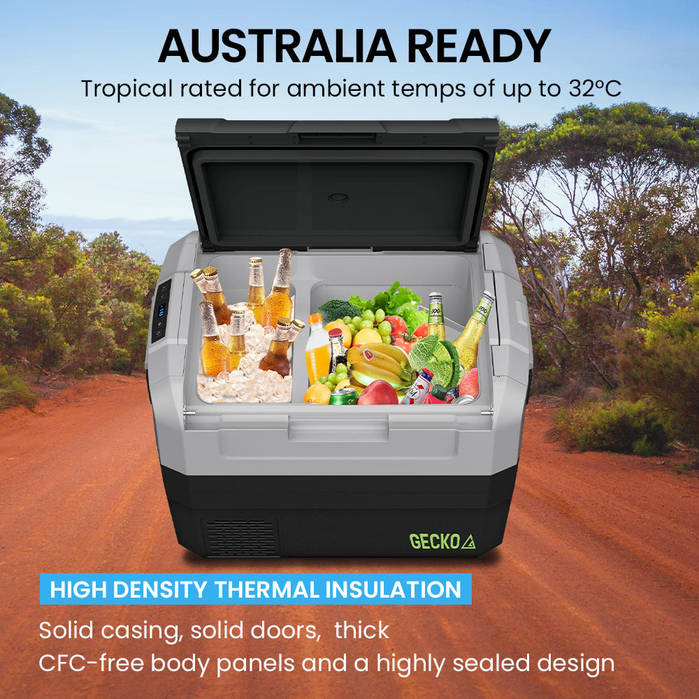 Gecko 55L Portable Fridge Freezer show tropical rating of up to 32 degrees.