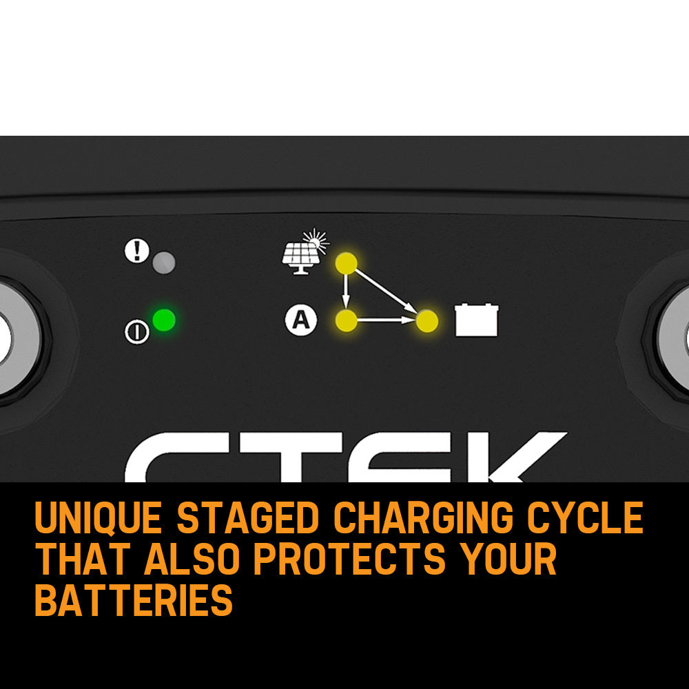 CTEK D250SE Dual Input DC-DC 20A Smart Battery Charger close up of status lights